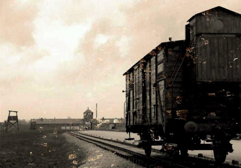 Photo de l'entrée du camps de concentration Auschwitz avec des visiteurs